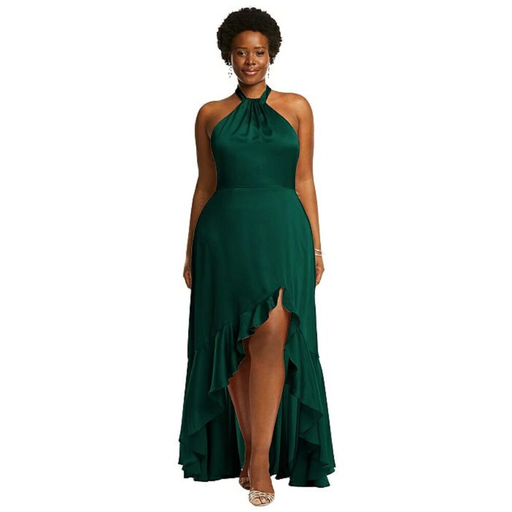 Social 8230 Whisper Satin Halter Maxi Dress Ruffle Skirt in Evergreen Size 14